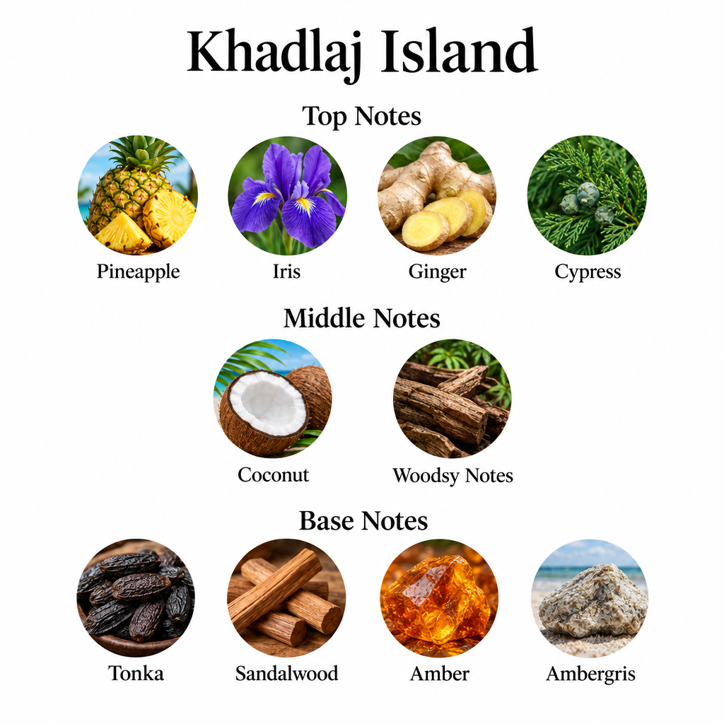 Khadlaj Island notes card showing all ten top, middle, and base fragrance notes
