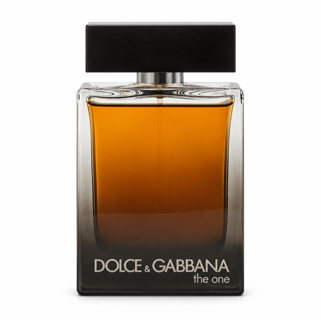 Dolce & Gabbana The One Men EDP amber rectangular fragrance bottle with a dark gradient and wide black cap, centered on white.