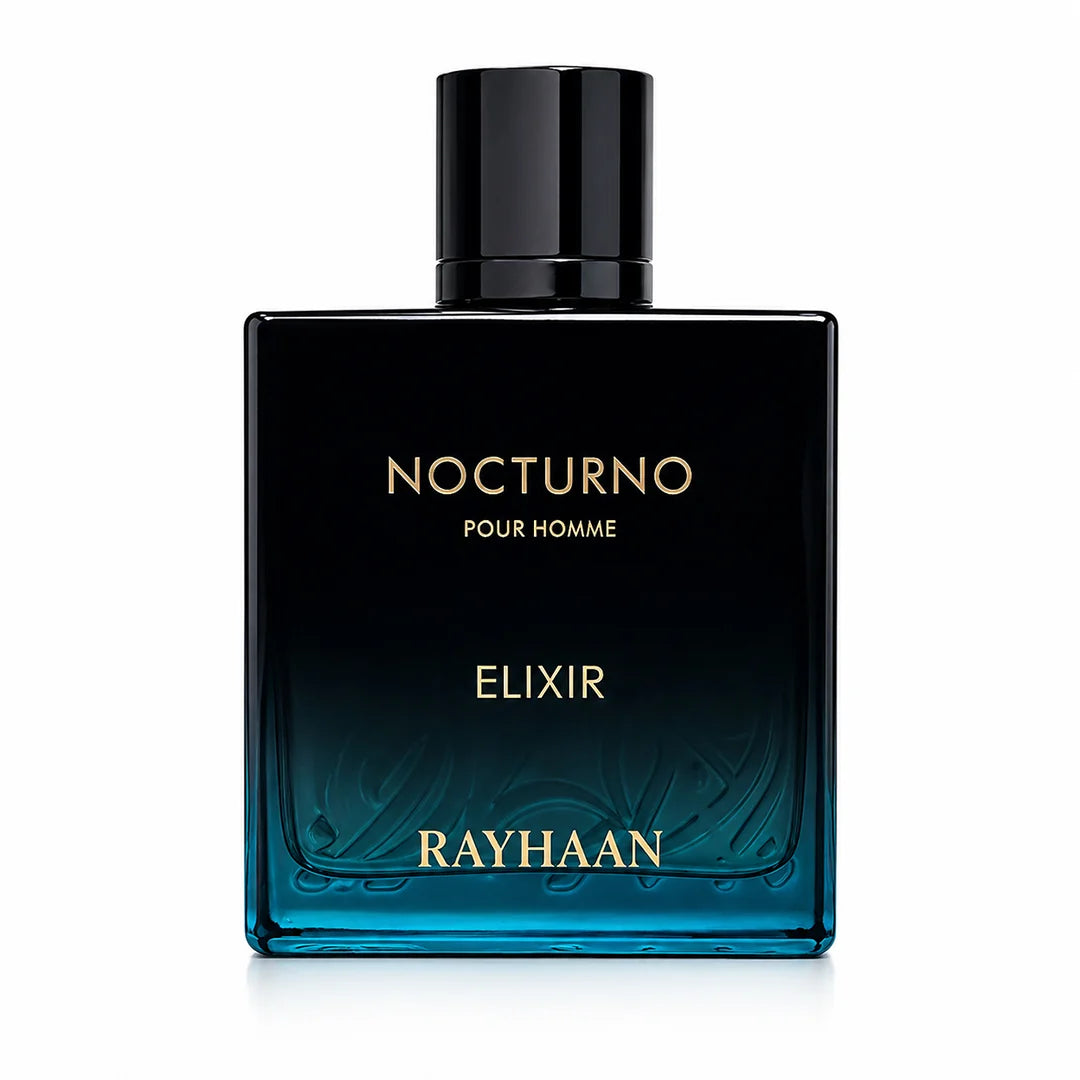 Rayhaan Nocturno Elixir black and blue bottle on white background