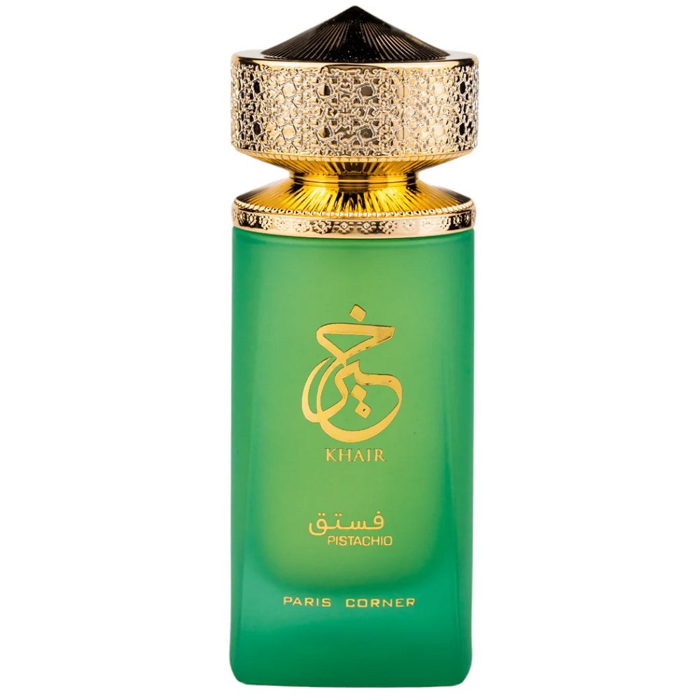 Paris Corner Khair Pistachio green bottle with gold cap on white